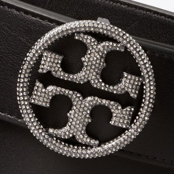 Tory Burch $248 WIDE Embellished Crystal Paved  Logo Buckle Leather Belt XS S - Picture 3 of 6